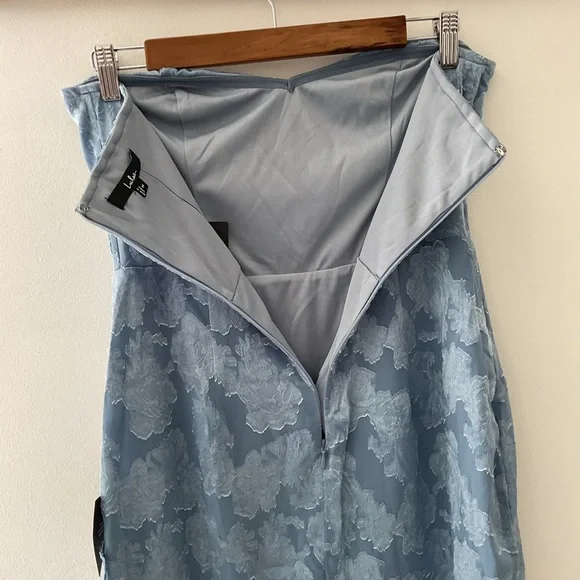 Lulus Mabriella Slate Blue Floral Burnout Ruffled Strapless Maxi Dress NWT Med - Picture 8 of 12